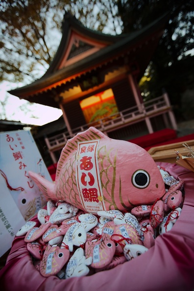 Récipient devant un temple shinto rempli d'omikuji à pêcher en forme de poisson